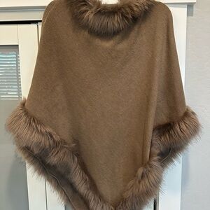 Brown Poncho with Faux Fur Trim